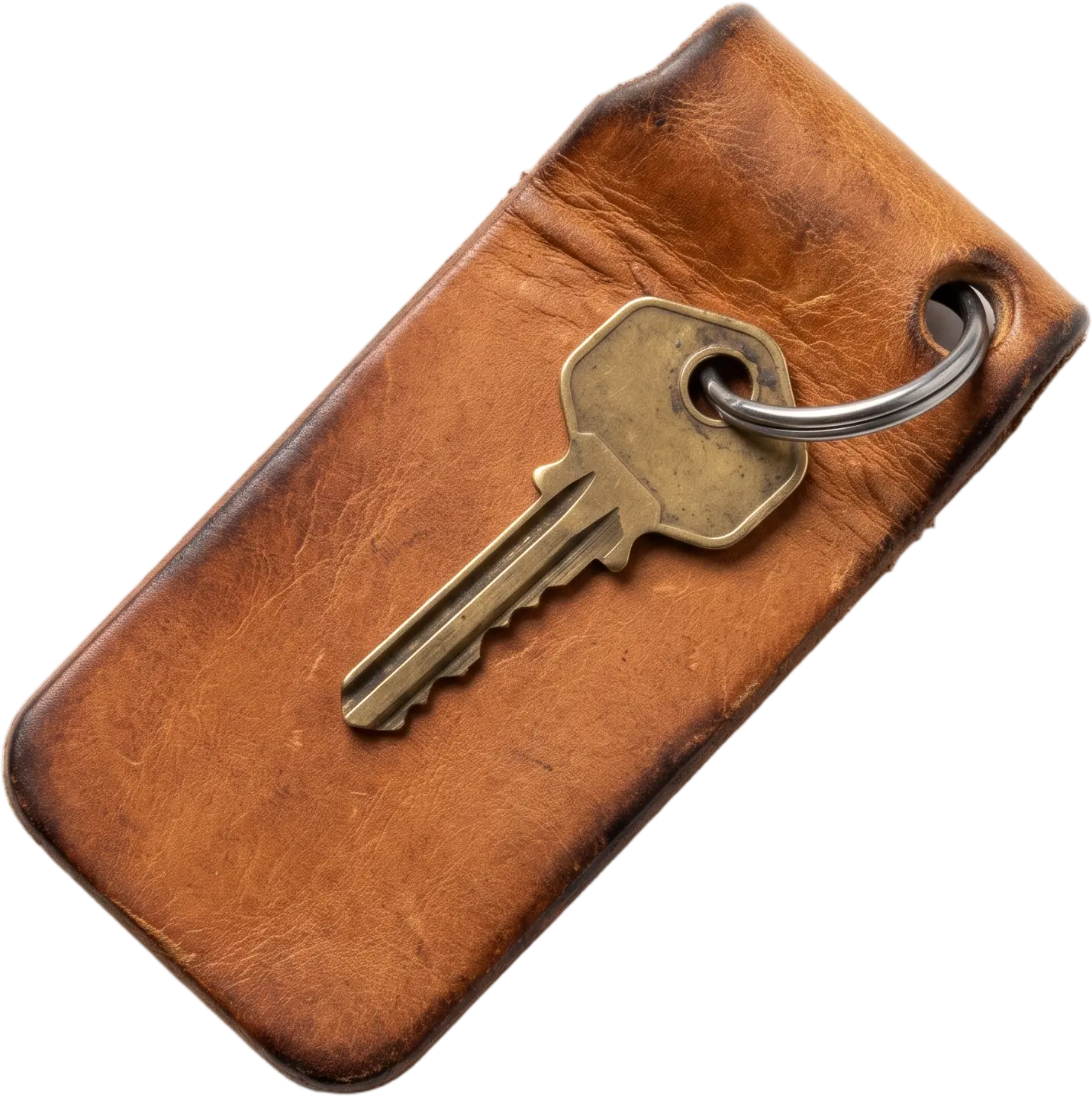 A slim brass key on a worn tan leather fob, unlabelled
