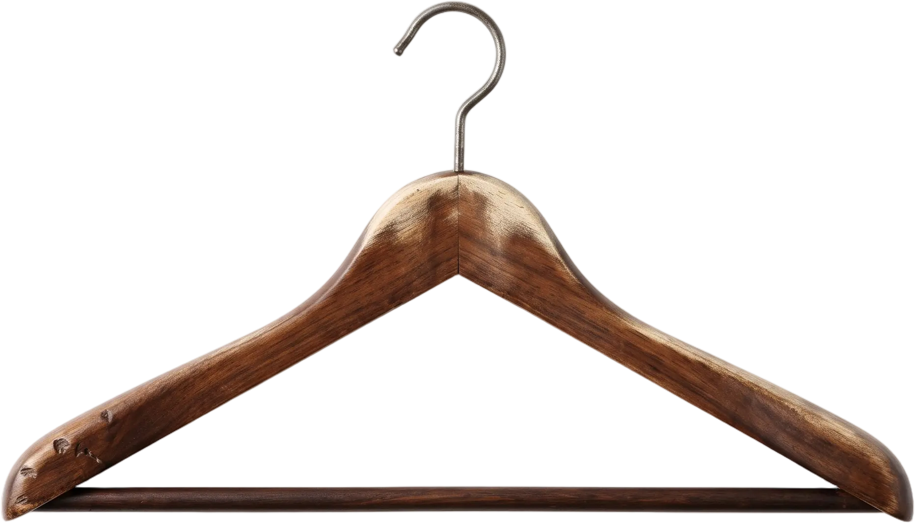 A single empty clothes hanger in dark walnut, worn smooth at the hook