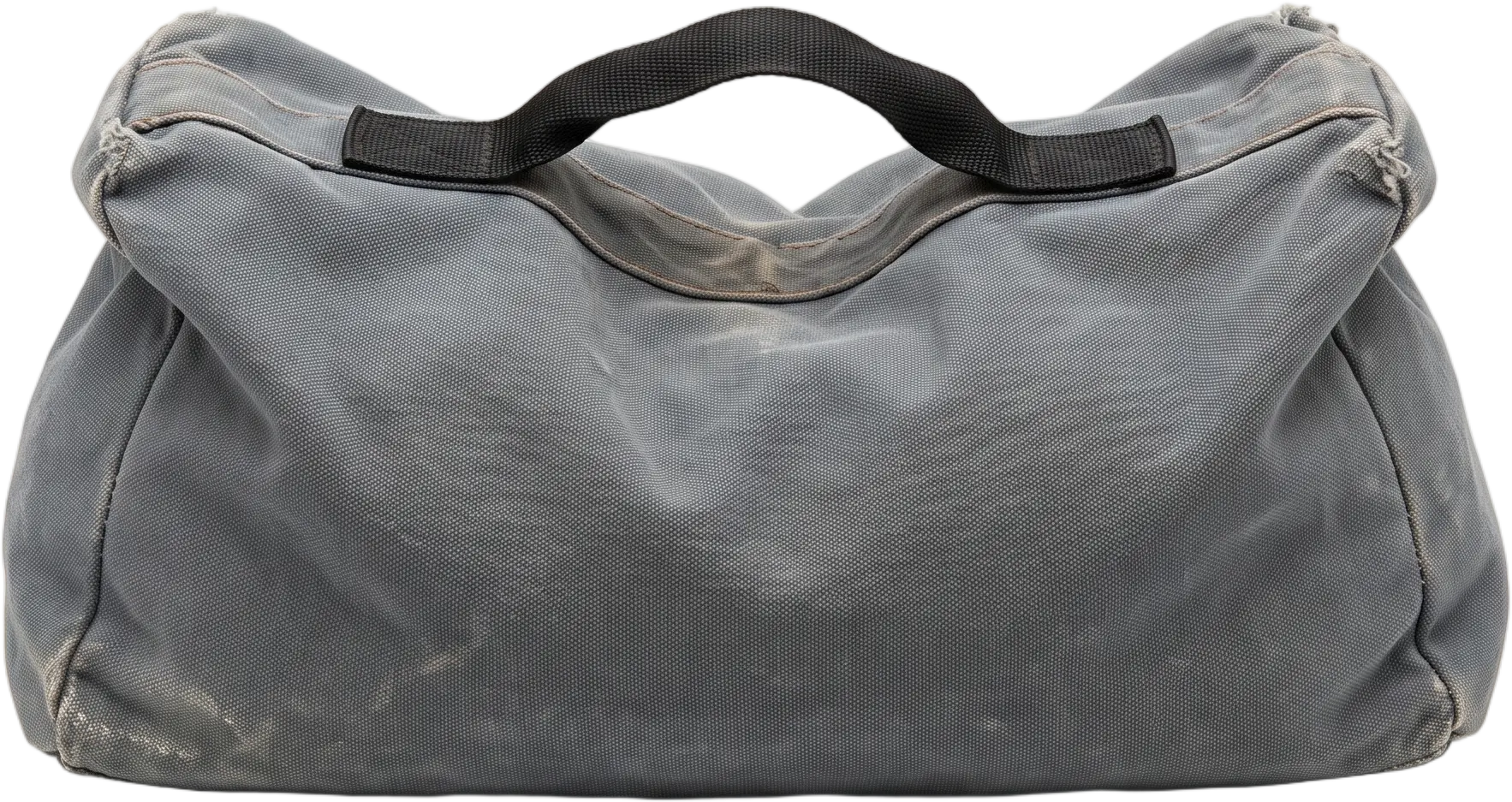 A creased slate grey canvas studio sandbag with a black webbing handle