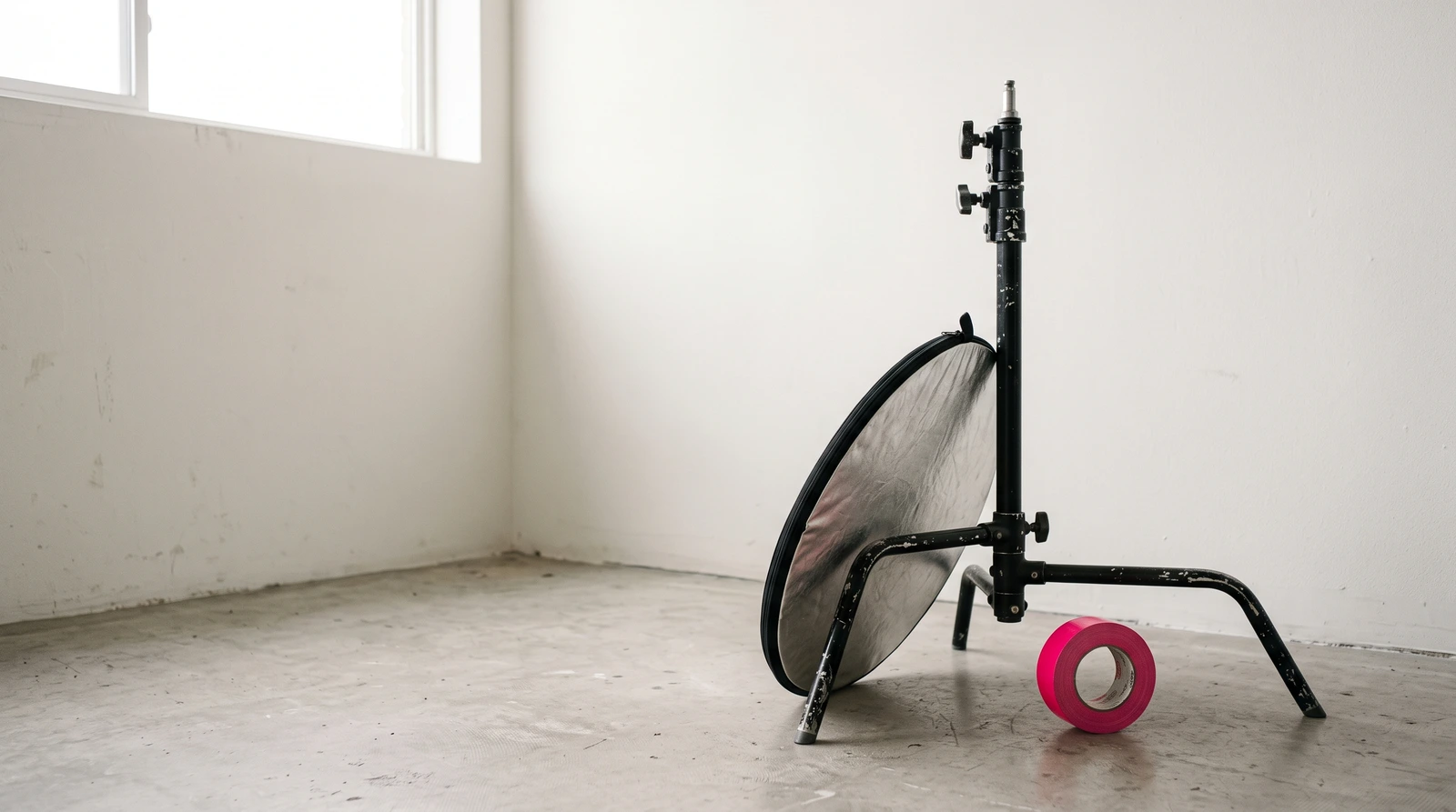 A folded silver reflector leaning against an empty C-stand on swept concrete, a coiled roll of magenta gaffer tape on the floor beside it